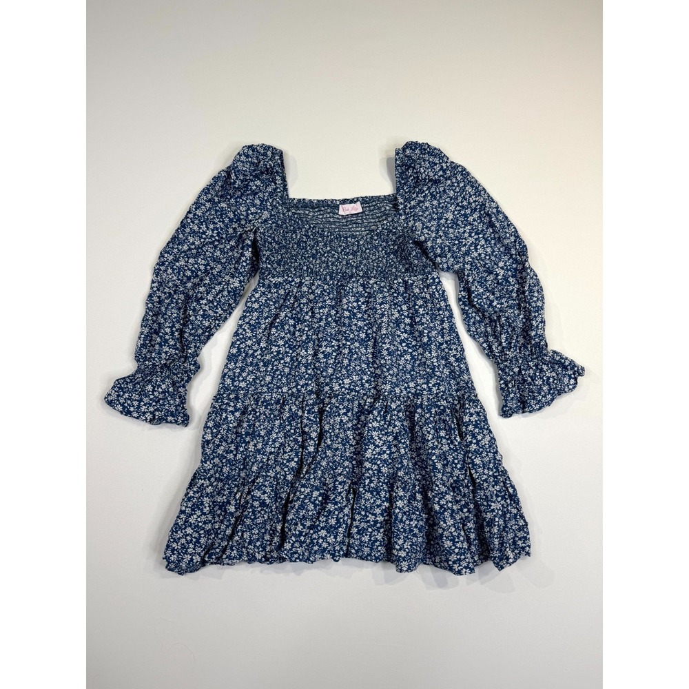 Pink Lily Tiered Mini Dress Womens Small Blue White Floral Smocked Puff Sleeve